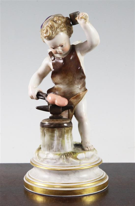 A Meissen porcelain figure of cupid depicted as a blacksmith forging a heart, 18.5cm